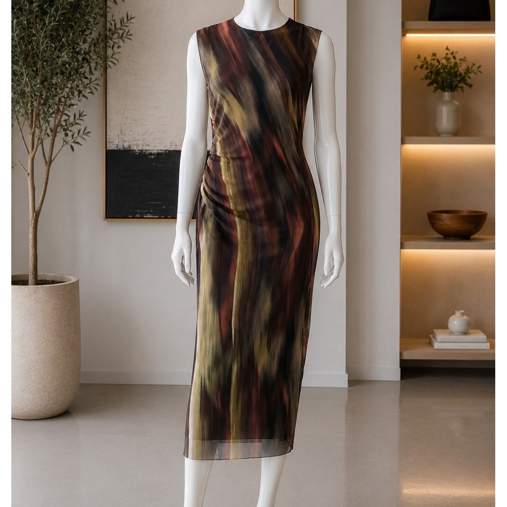 Zara Womens Midi Dress Abstract Print Ruched Mesh Sleeveless Brown Medium